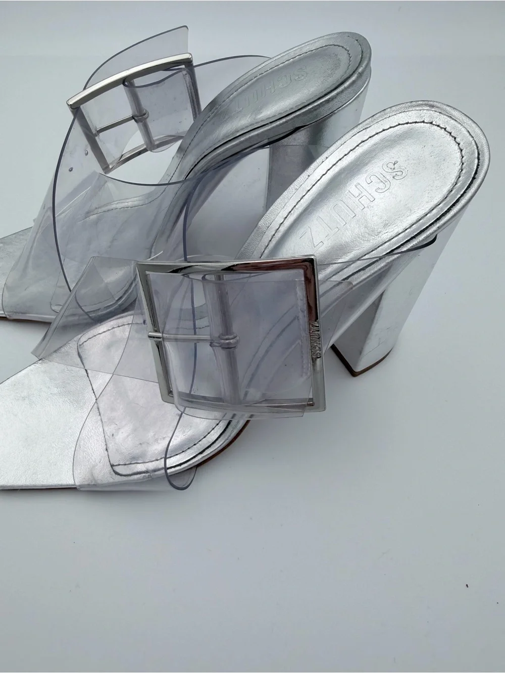 SCHUTZ Clear Vinyl Silver Block Heel Sandals 8B Square Toe Oversized Buckle